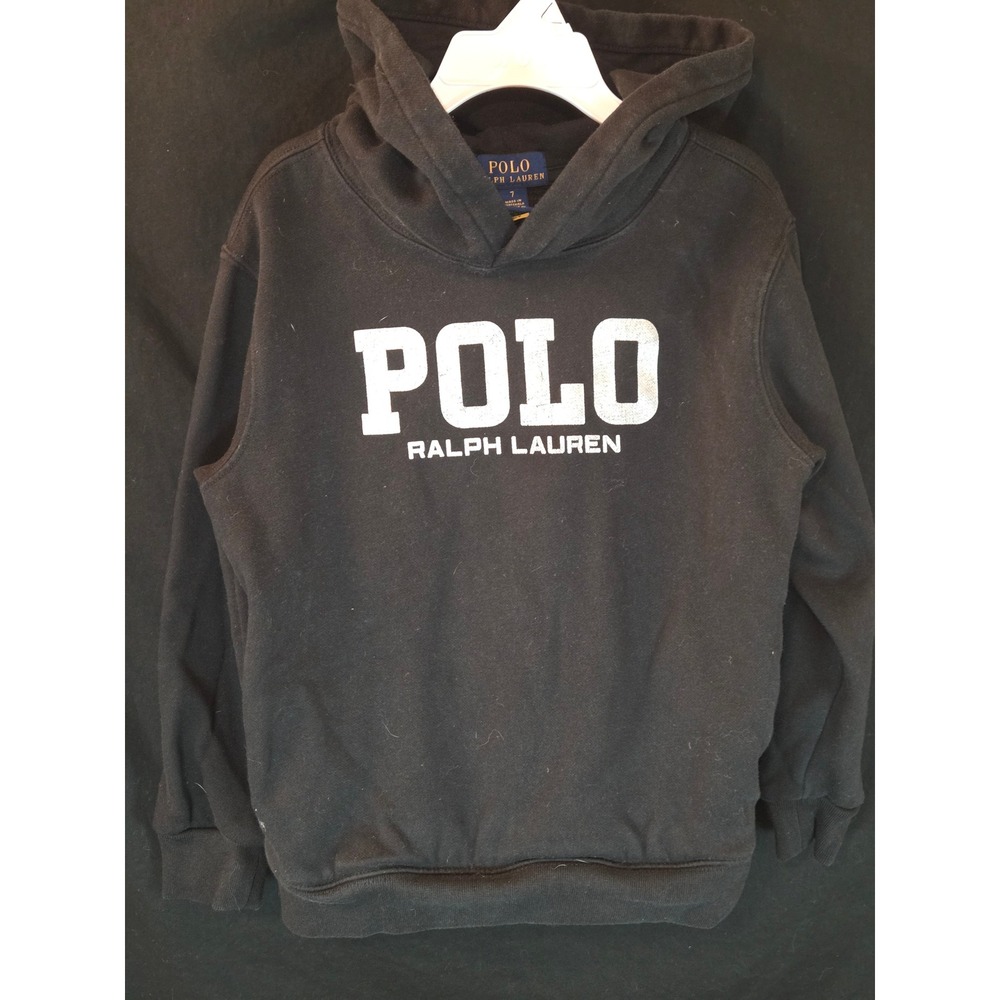 Polo Ralph Lauren Black Hoodie Kids Size 7 Logo Graphic Long Sleeve Cotton Blend